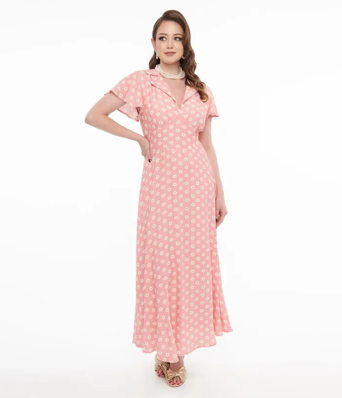 1930s Pink Daisy Salome Midi Dress Dresses Unique Vintage Midi