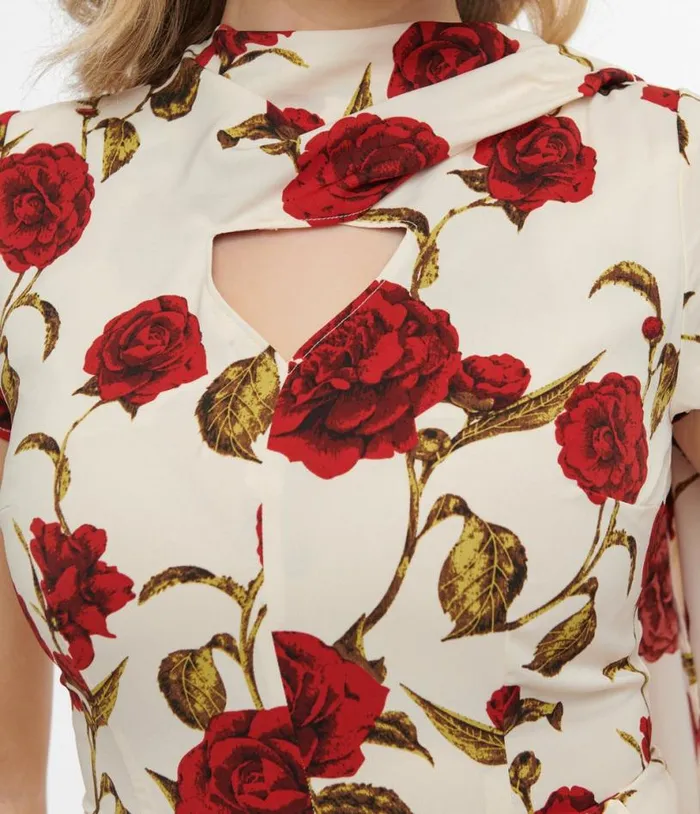 1940s Cream and Red Rose Print Sash Swing Dress Dresses Unique Vintage Pocket Dresses