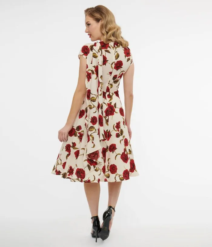 1940s Cream and Red Rose Print Sash Swing Dress Dresses Unique Vintage Pocket Dresses