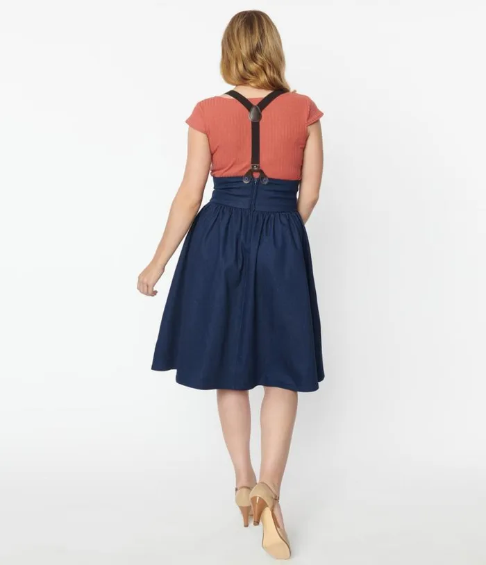 1940s Dark Denim Blue High Waist Suspender Swing Skirt Clothing Unique Vintage Skirts
