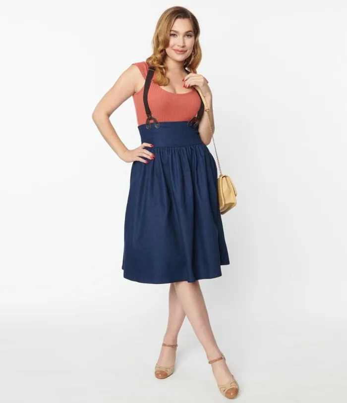 1940s Dark Denim Blue High Waist Suspender Swing Skirt Clothing Unique Vintage Skirts