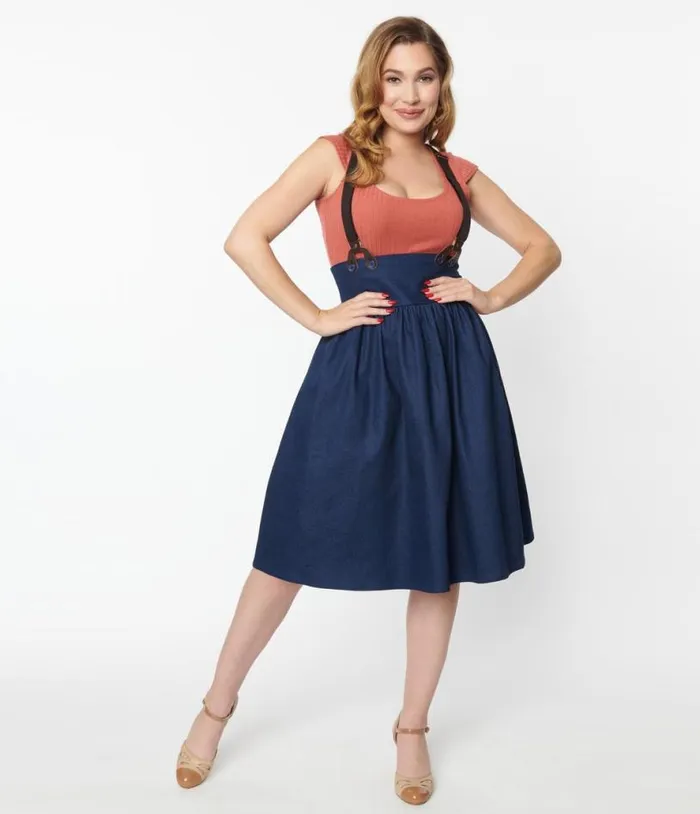 1940s Dark Denim Blue High Waist Suspender Swing Skirt Clothing Unique Vintage Skirts