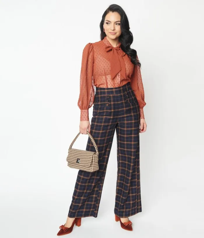 1940s Navy and Orange Plaid High Waist Sailor Ginger Pants ClothingPlus Unique Vintage Pants 1940s Navy and Orange Plaid High Waist Sailor Ginger Pants ClothingPlus Unique Vintage Pants