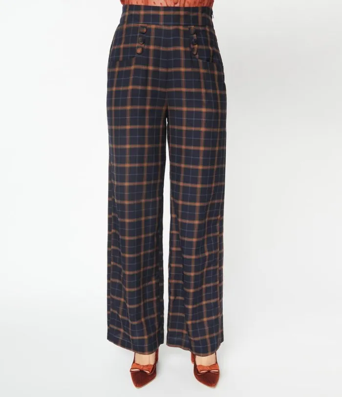 1940s Navy and Orange Plaid High Waist Sailor Ginger Pants ClothingPlus Unique Vintage Pants