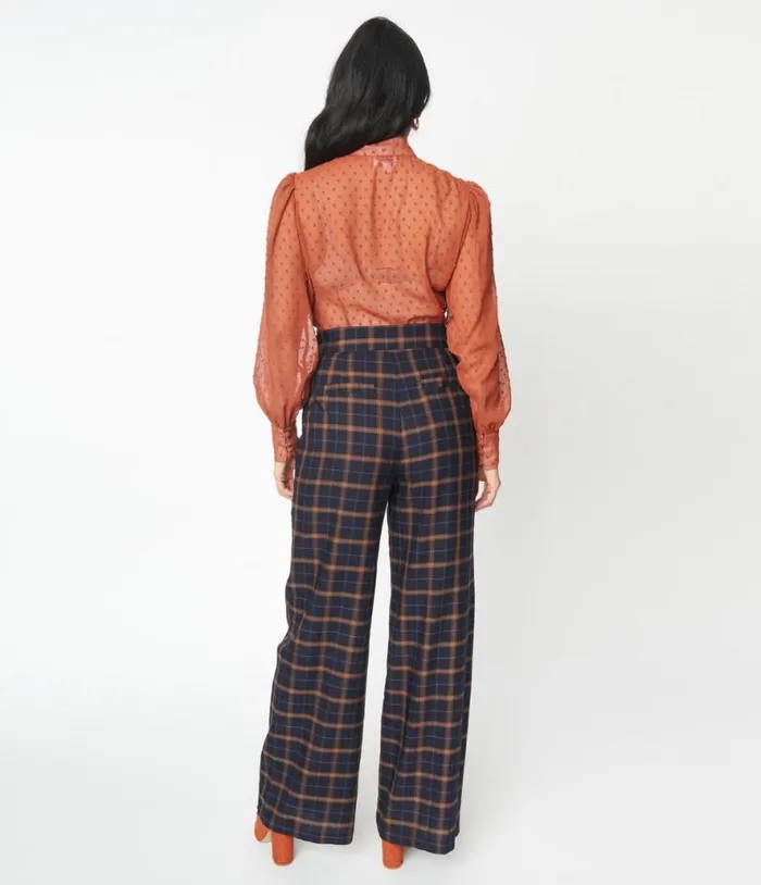 1940s Navy and Orange Plaid High Waist Sailor Ginger Pants ClothingPlus Unique Vintage Pants