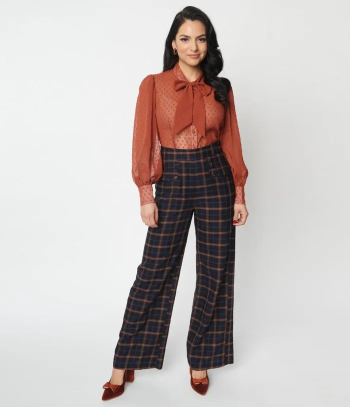 1940s Navy and Orange Plaid High Waist Sailor Ginger Pants ClothingPlus Unique Vintage Pants