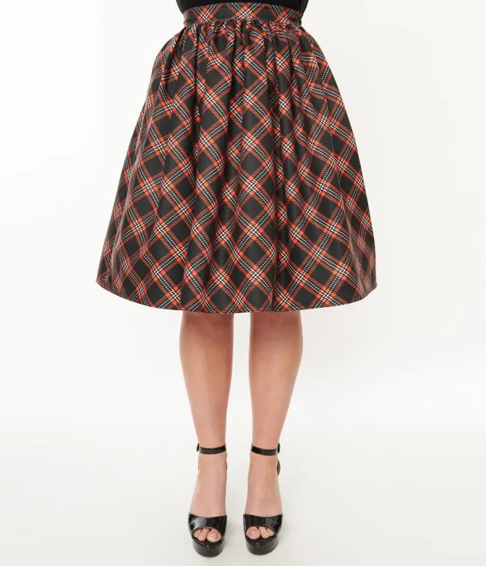 1950s Black and Orange Plaid Gellar Swing Skirt Clothing Unique Vintage Skirts