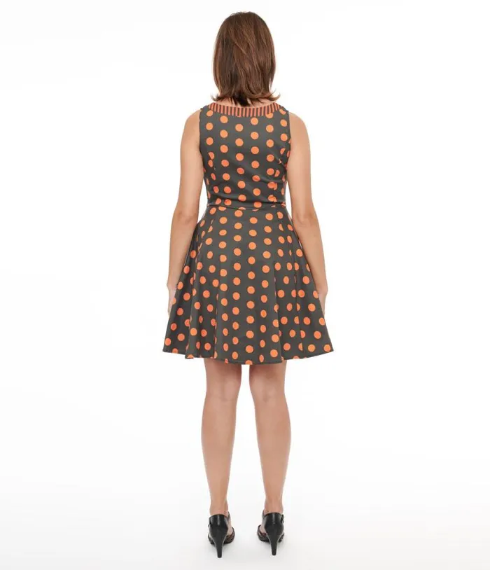 1950s Black and Orange Polka Dot Fit and Flare Dress DressesPlus Unique Vintage Pocket Dresses