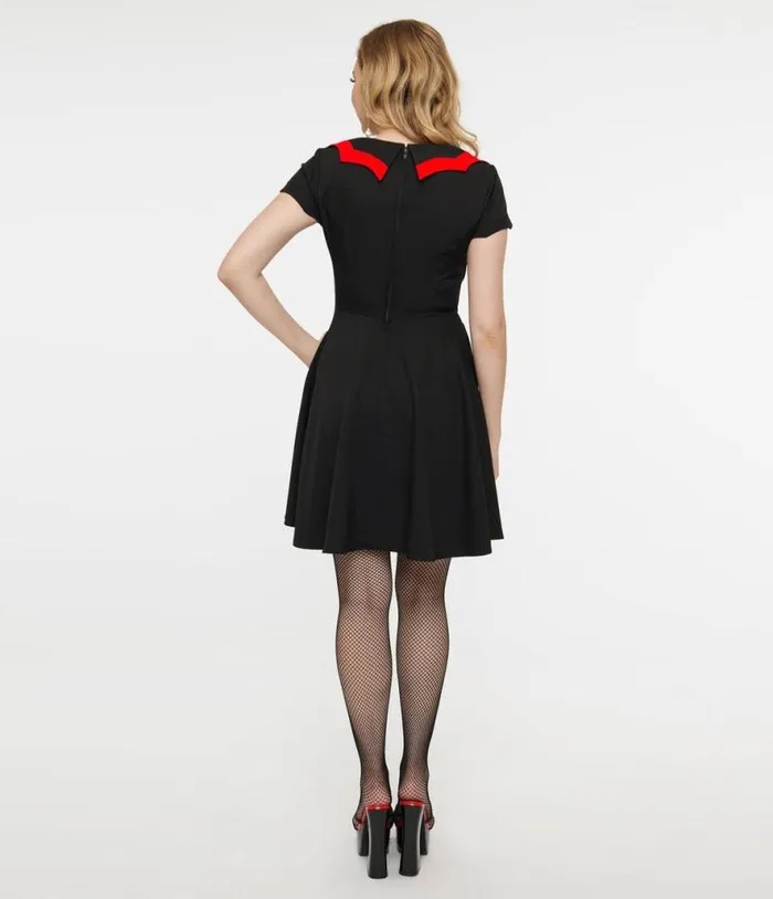 1950s Black and Red Bat Wing Collar Mini Dress DressesHalloweenPlus Unique Vintage Dresses