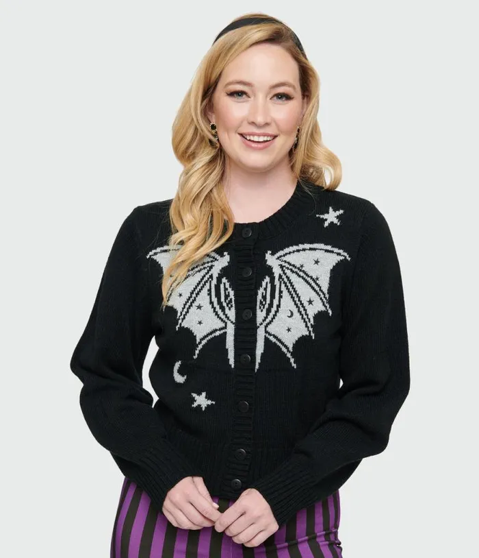 1950s Black and Silver Bat Cropped Cardigan ClothingHalloween Unique Vintage Sweaters and Cardigans 1950s Black and Silver Bat Cropped Cardigan ClothingHalloween Unique Vintage Sweaters and Cardigans