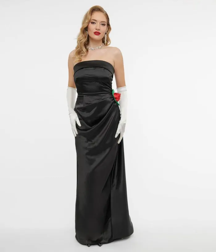 1950s Black Satin Strapless Enchanted Evening Gown Dresses Unique Vintage Pencil