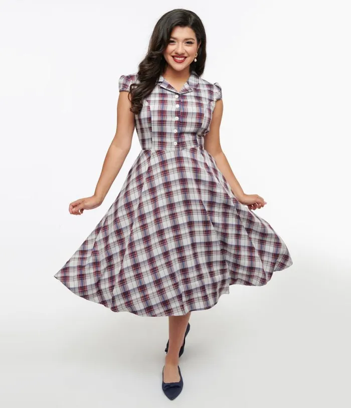 1950s Brown and Blue Plaid Swing Dress Dresses Unique Vintage Pocket Dresses