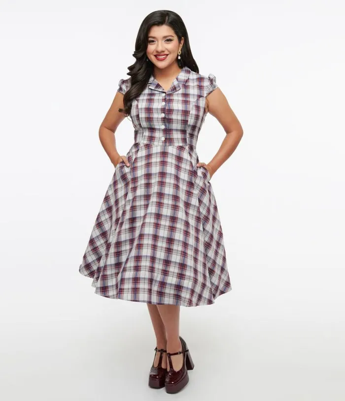 1950s Brown and Blue Plaid Swing Dress Dresses Unique Vintage Pocket Dresses