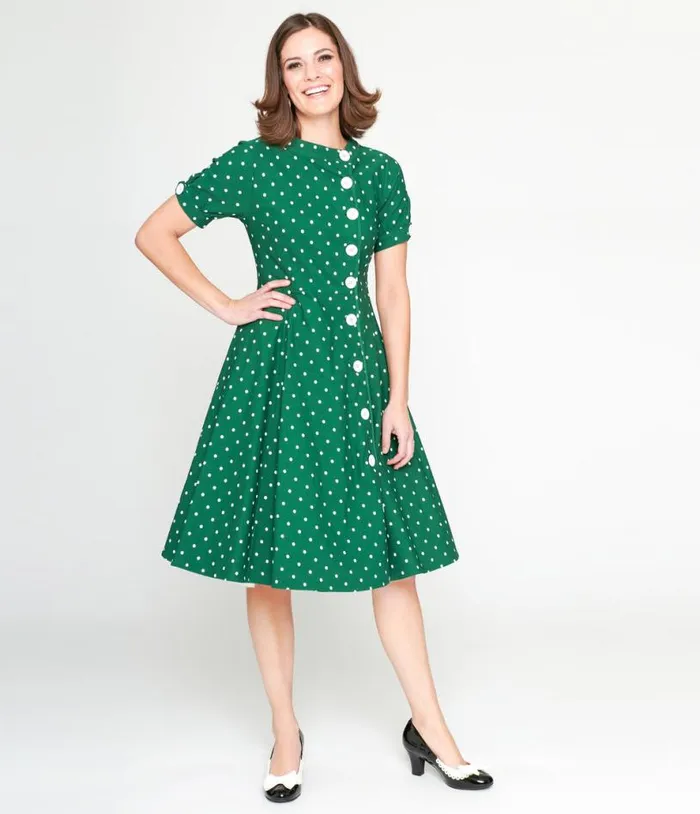 1950s Green and White Pin Dot Contrast Button Swing Dress Dresses Unique Vintage Pocket Dresses 1950s Green and White Pin Dot Contrast Button Swing Dress Dresses Unique Vintage Pocket Dresses
