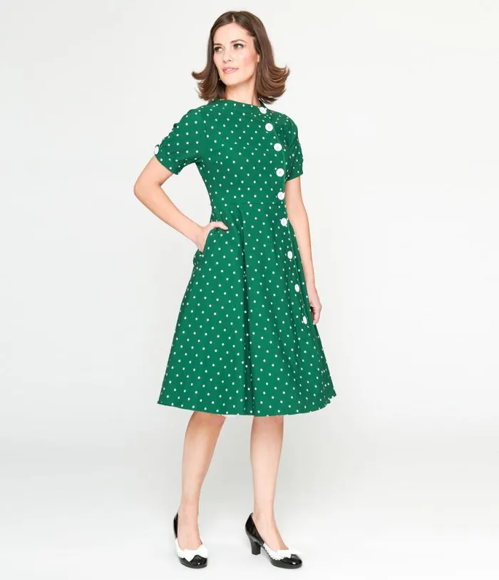 1950s Green and White Pin Dot Contrast Button Swing Dress Dresses Unique Vintage Pocket Dresses
