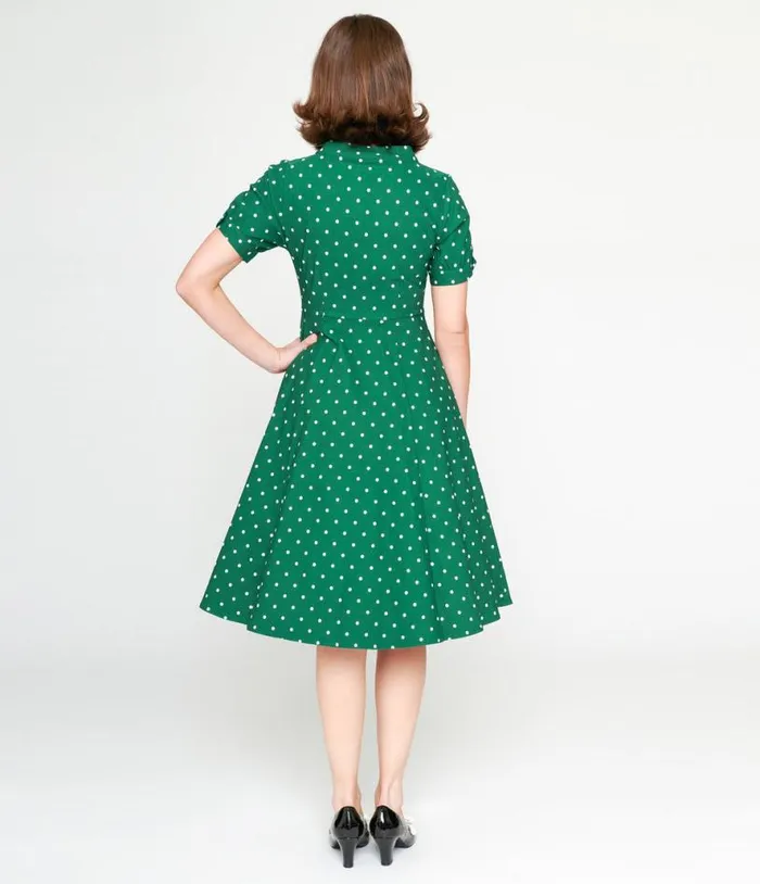 1950s Green and White Pin Dot Contrast Button Swing Dress Dresses Unique Vintage Pocket Dresses