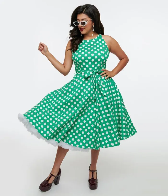 1950s Green and White Polka Dot Tie Swing Dress DressesPlus Unique Vintage Pocket Dresses 1950s Green and White Polka Dot Tie Swing Dress DressesPlus Unique Vintage Pocket Dresses