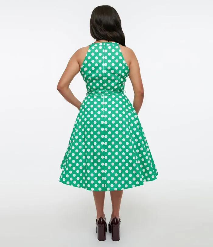 1950s Green and White Polka Dot Tie Swing Dress DressesPlus Unique Vintage Pocket Dresses