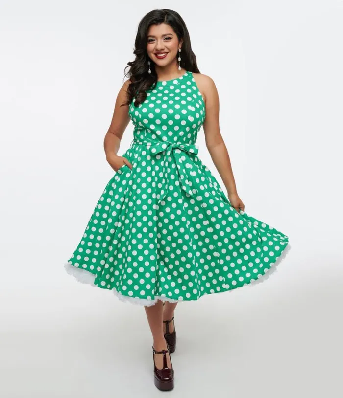 1950s Green and White Polka Dot Tie Swing Dress DressesPlus Unique Vintage Pocket Dresses