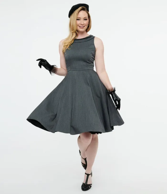 1950s Grey Swing Dress DressesPlus Unique Vintage Pocket Dresses