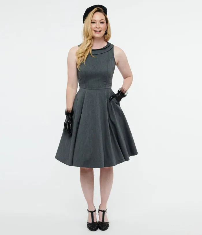 1950s Grey Swing Dress DressesPlus Unique Vintage Pocket Dresses
