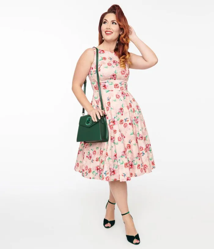 1950s Pink Floral Leah Swing Dress Dresses Unique Vintage Pocket Dresses