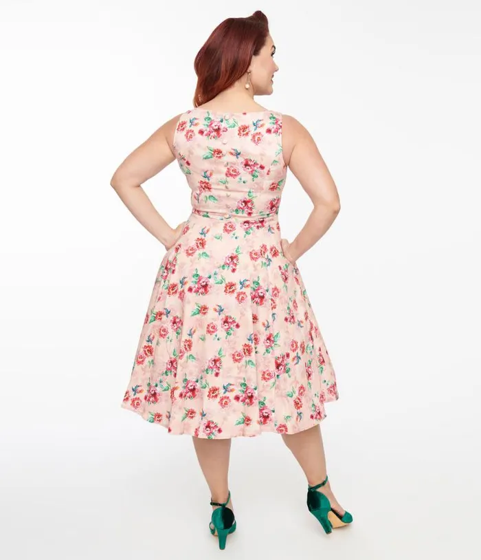 1950s Pink Floral Leah Swing Dress Dresses Unique Vintage Pocket Dresses