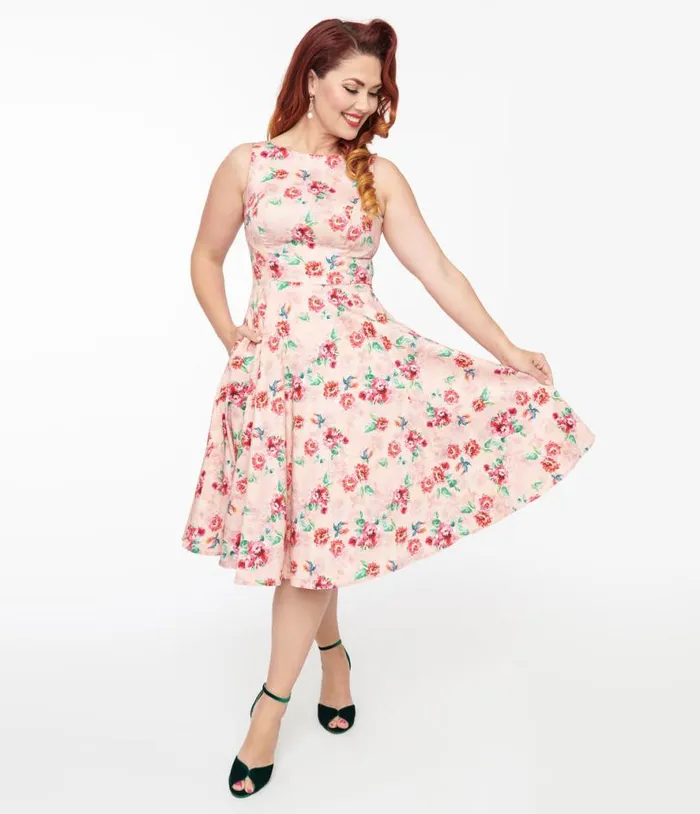 1950s Pink Floral Leah Swing Dress Dresses Unique Vintage Pocket Dresses