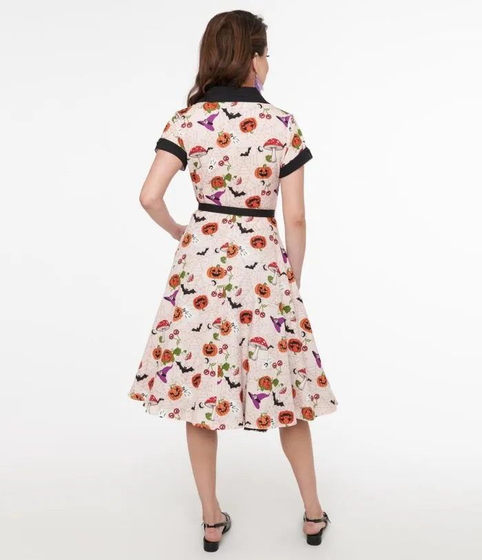 1950s Pink Halloween Print Alexis Swing Dress DressesHalloween Unique Vintage Pocket Dresses