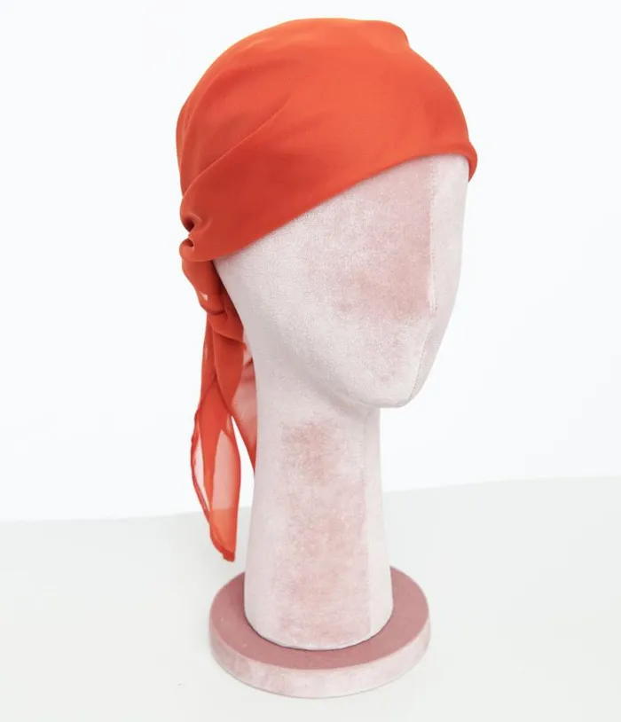 1950s Rust Orange Chiffon Hair Scarf Accessories Unique Vintage Gloves and Scarves