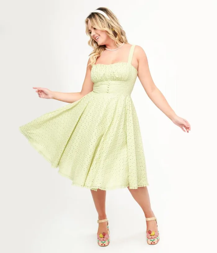 1950s Sage Green Eyelet Cotton Valerie Dress Dresses Unique Vintage Swing
