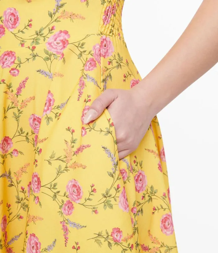 1950s Yellow and Fuchsia Floral Victoria Swing Dress Dresses Unique Vintage Pocket Dresses