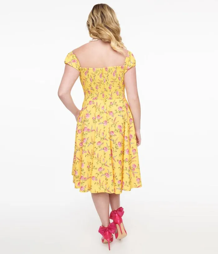 1950s Yellow and Fuchsia Floral Victoria Swing Dress Dresses Unique Vintage Pocket Dresses