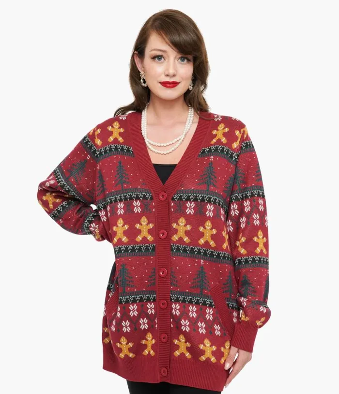 1960s Burgundy Gingerbread Fair Isle Cardigan Clothing Unique Vintage Sweaters and Cardigans