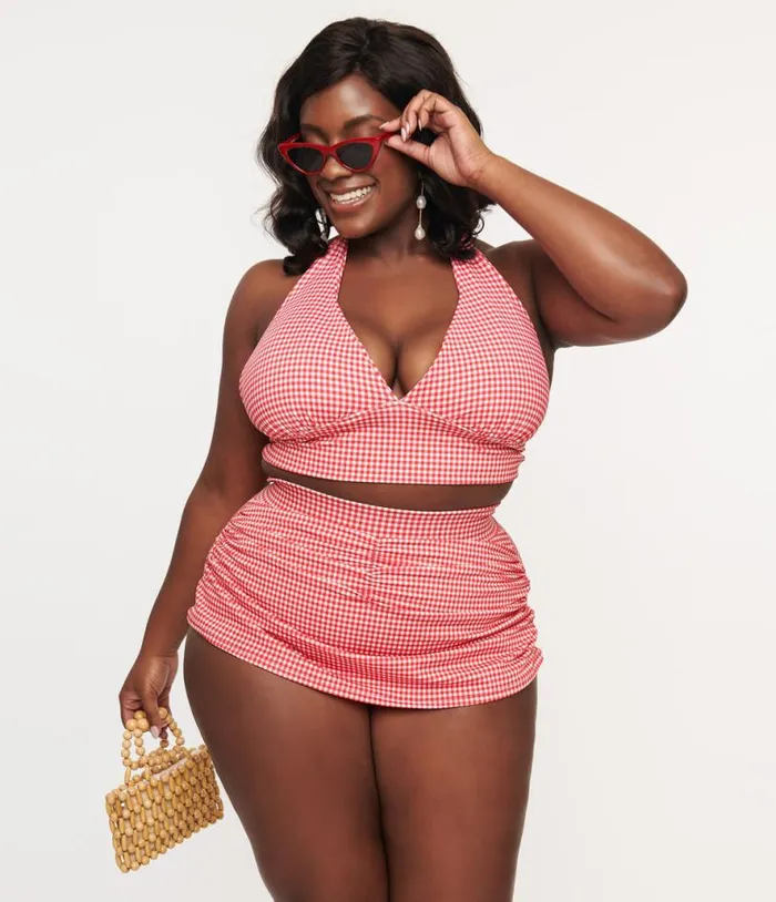 1960s Red and White Gingham High Waist Swim Skirt Plus Unique Vintage Two Piece Swim 1960s Red and White Gingham High Waist Swim Skirt Plus Unique Vintage Two Piece Swim