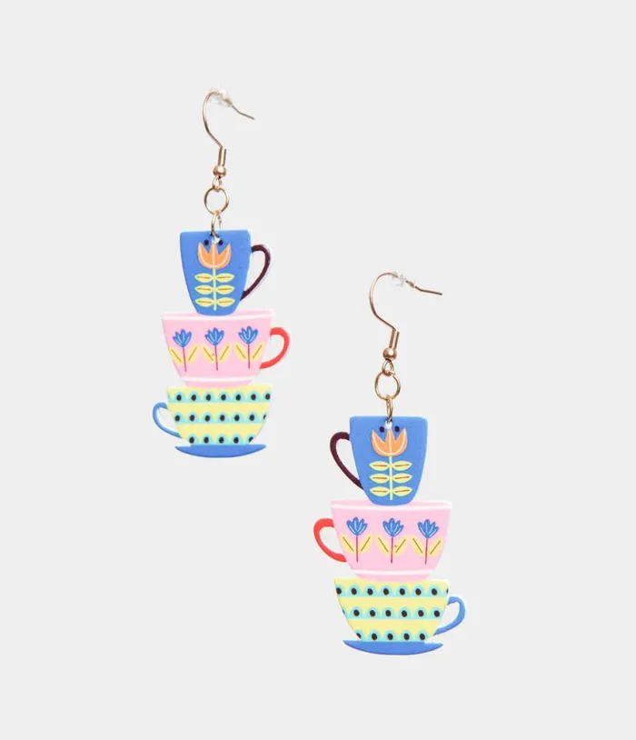 1960s Retro Teacups and Saucers Drop Earrings Accessories Unique Vintage Earrings 1960s Retro Teacups and Saucers Drop Earrings Accessories Unique Vintage Earrings