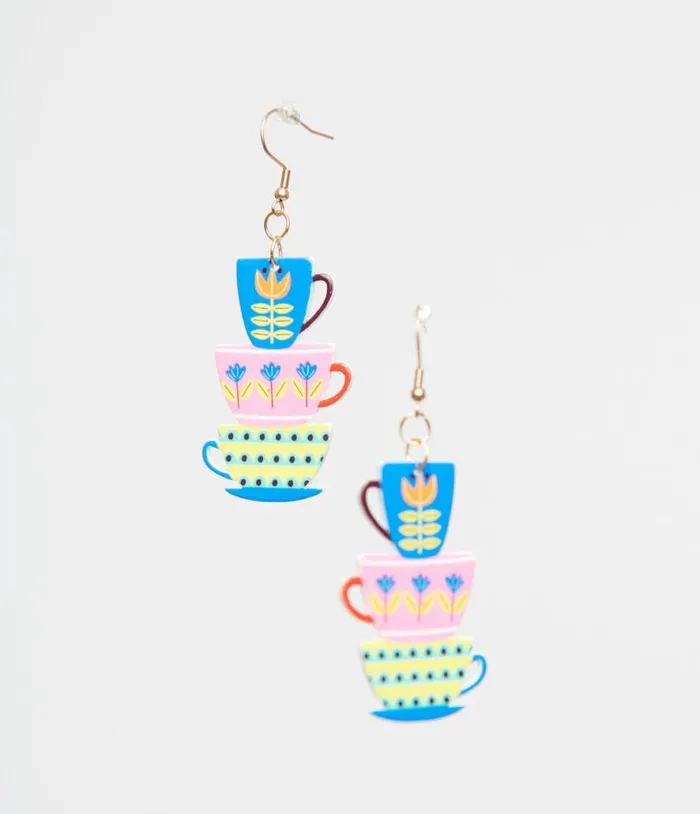 1960s Retro Teacups and Saucers Drop Earrings Accessories Unique Vintage Earrings
