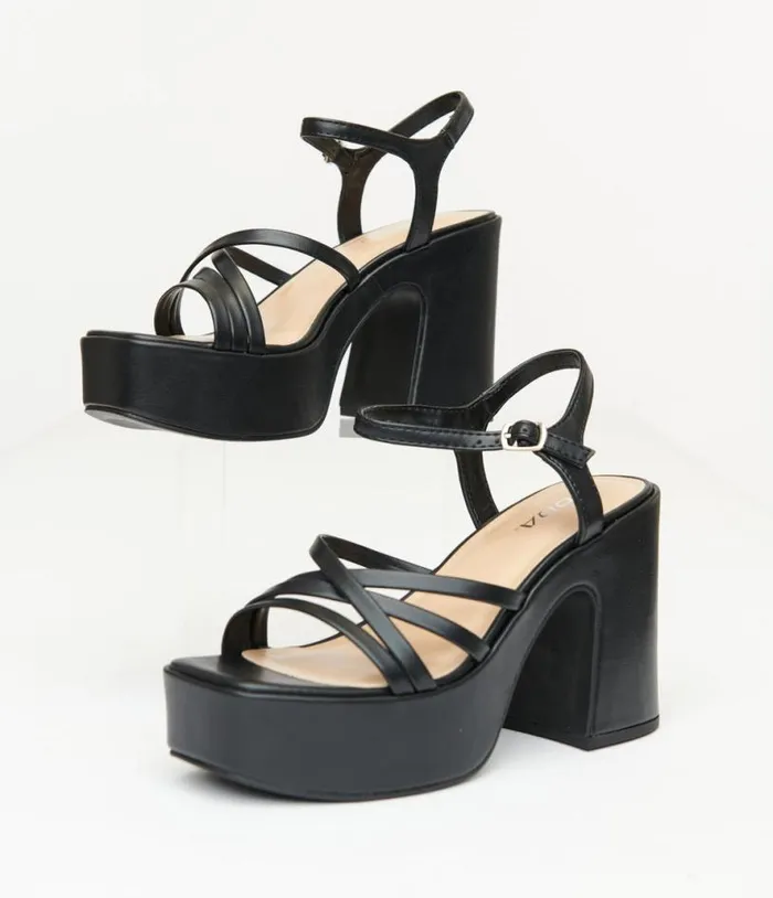 1970s Black Leatherette Platform Sandals Shoes Unique Vintage Sandals