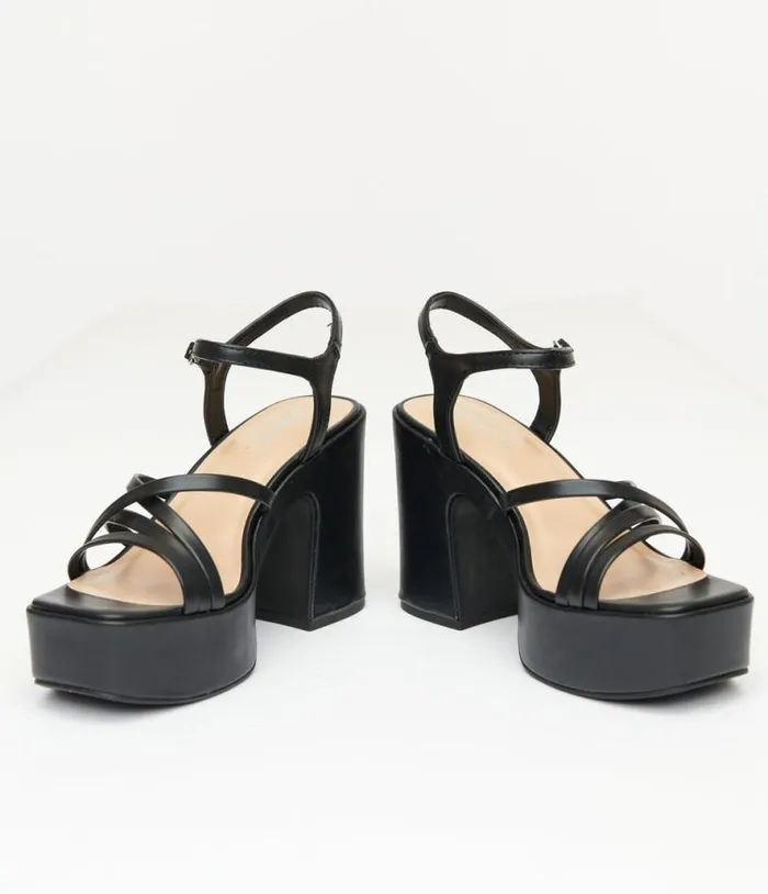 1970s Black Leatherette Platform Sandals Shoes Unique Vintage Sandals