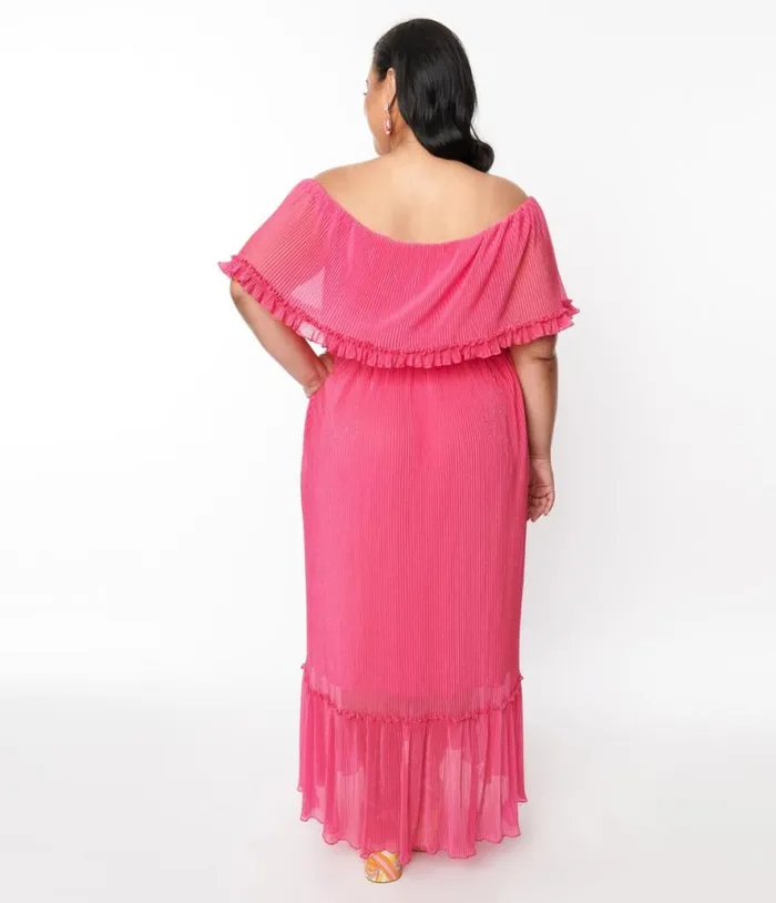 1970s Fuchsia Pleated Chiffon Maxi Dress DressesPlus Unique Vintage Midi and Maxi