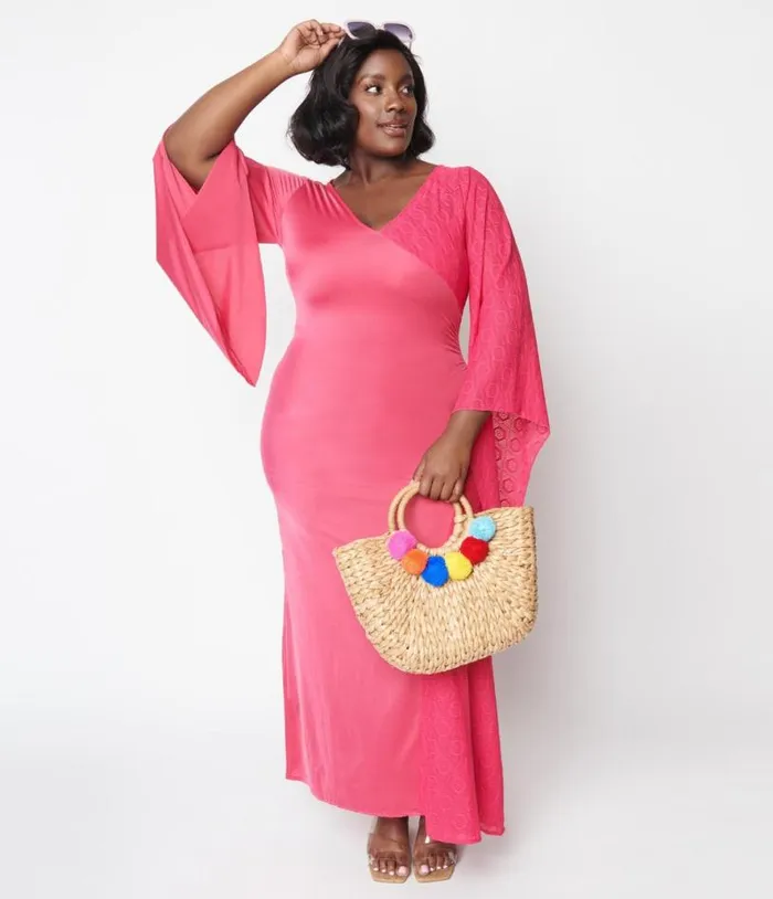 1970s Hot Pink Lace Maxi Dress DressesPlus Unique Vintage Midi and Maxi