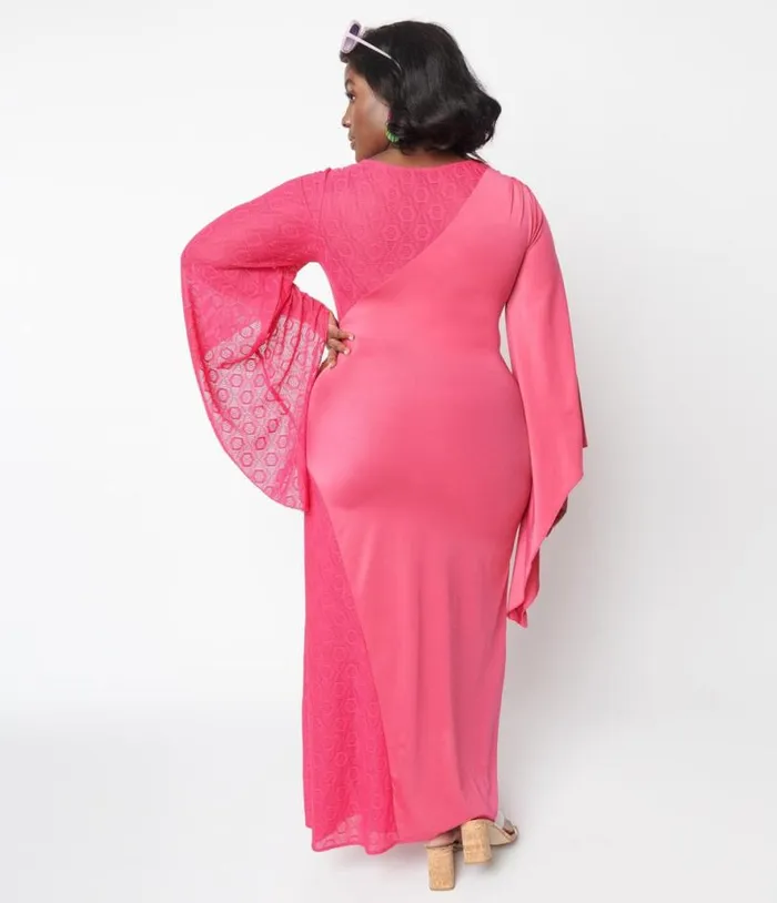 1970s Hot Pink Lace Maxi Dress DressesPlus Unique Vintage Midi and Maxi