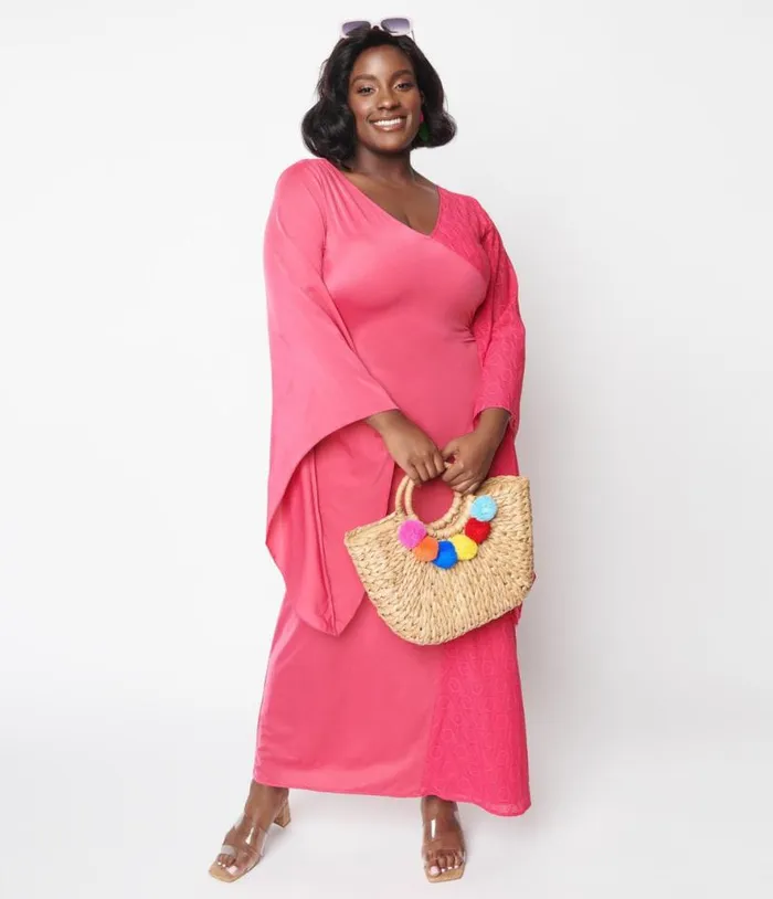 1970s Hot Pink Lace Maxi Dress DressesPlus Unique Vintage Midi and Maxi