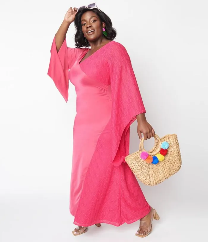 1970s Hot Pink Lace Maxi Dress DressesPlus Unique Vintage Midi and Maxi