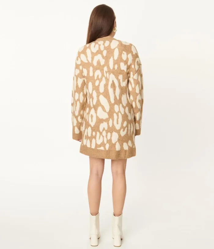 1970s Mocha Leopard Print Long Cardigan Clothing Unique Vintage Sweaters and Cardigans