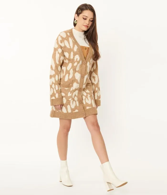1970s Mocha Leopard Print Long Cardigan Clothing Unique Vintage Sweaters and Cardigans