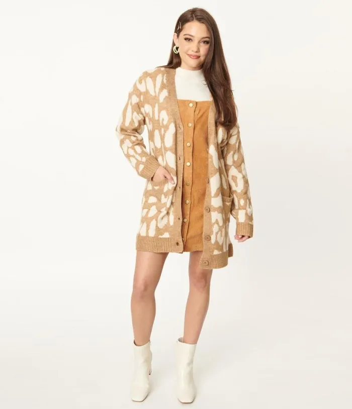 1970s Mocha Leopard Print Long Cardigan Clothing Unique Vintage Sweaters and Cardigans