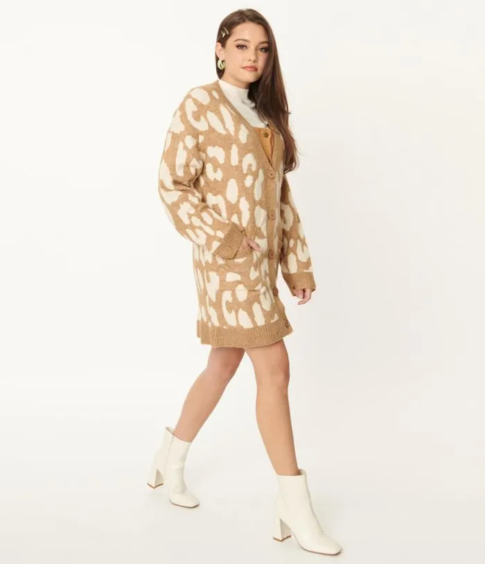 1970s Mocha Leopard Print Long Cardigan Clothing Unique Vintage Sweaters and Cardigans