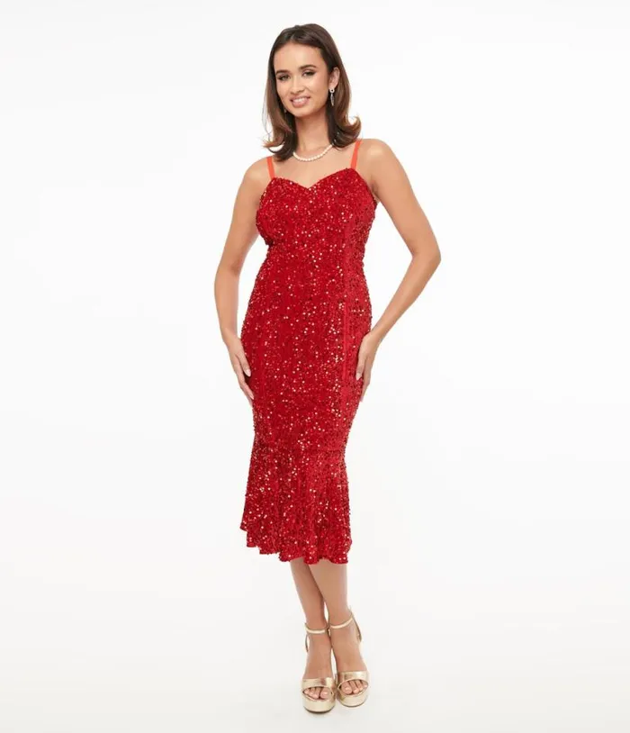 1970s Red Velvet Sequin Rizzo Wiggle Dress Dresses Unique Vintage Pencil