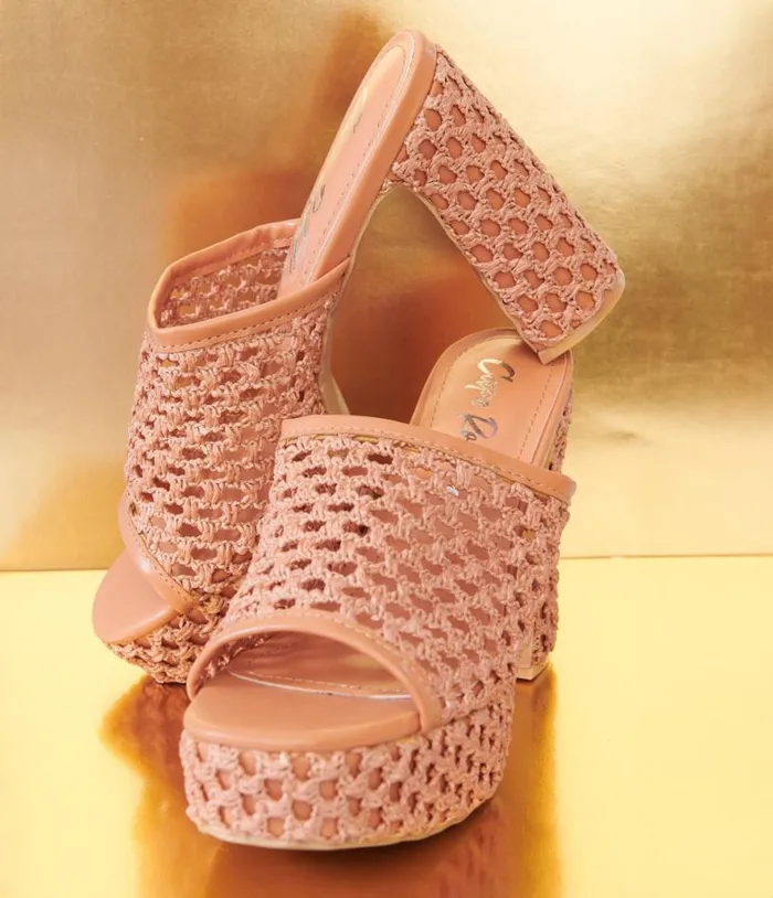 1970s Rust Orange Mesh Mule Platforms Shoes Unique Vintage Heels